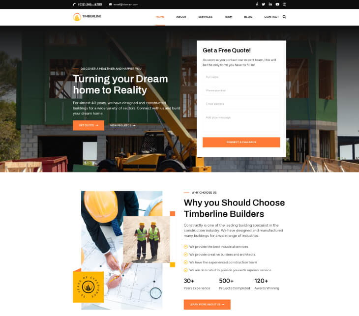 Construction Landing Page Pro -timberline template