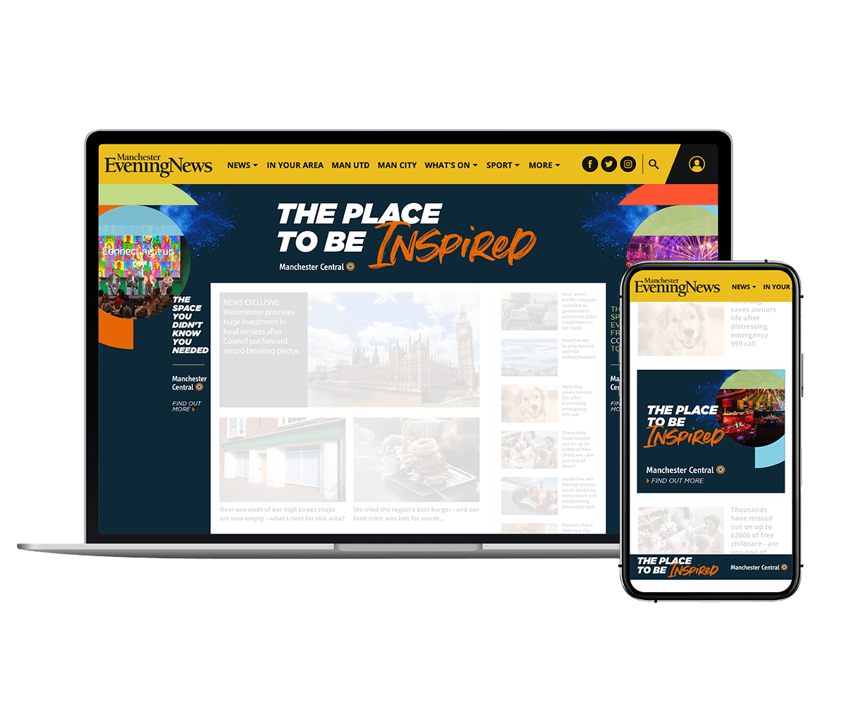 Manchester evening news desktop and mobile showing ads
