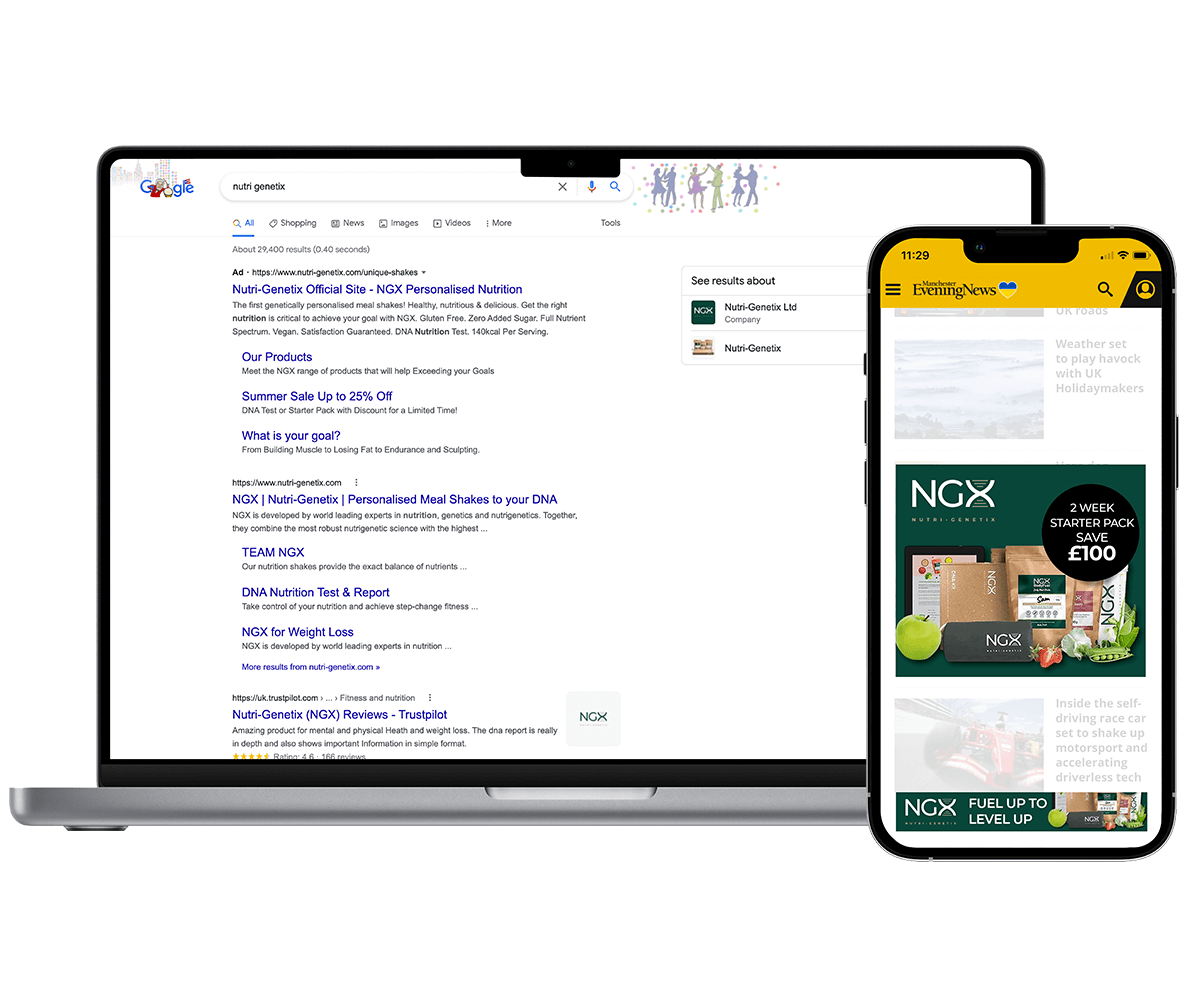Laptop showing Google paid search results, iPhone showing MPU ad on Manchester Evening News Website