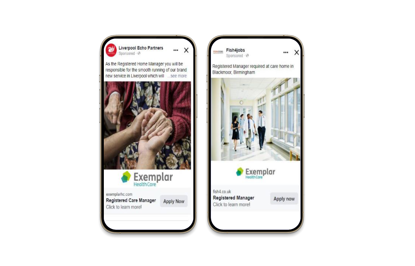 Exemplar Recruitment's Facebook ads on Fish4Jobs and Liverpool Echo partners pages, on iPhones