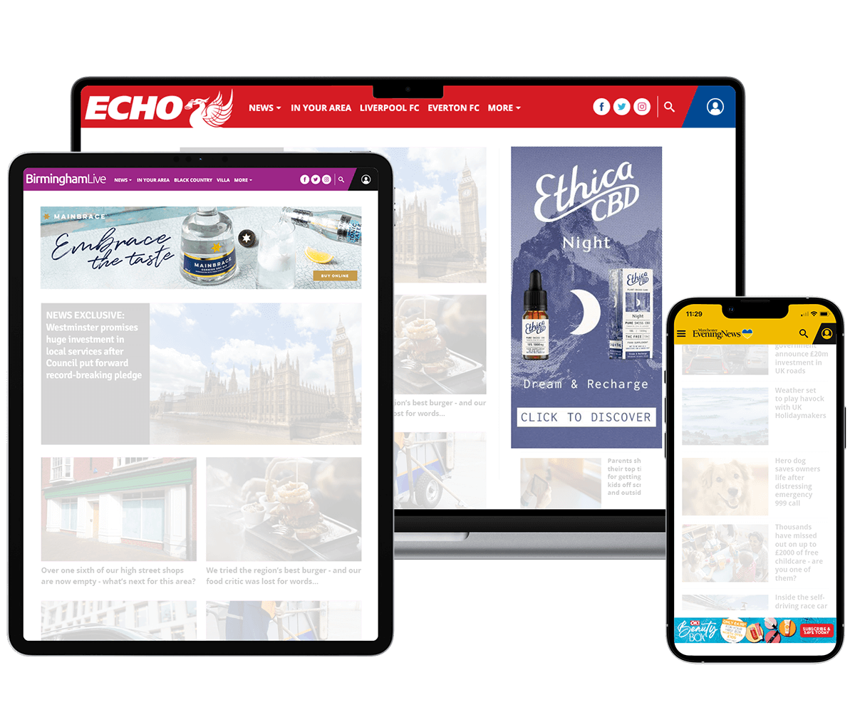 iPad showing Birmingham Live website, laptop showing Echo website and mobile showing Manchester Evening News website
